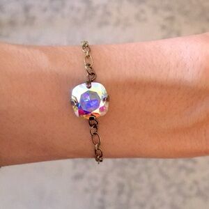 Elegant Aurora Borealis Cushion Cut Antique Brass Crystal Bracelet
